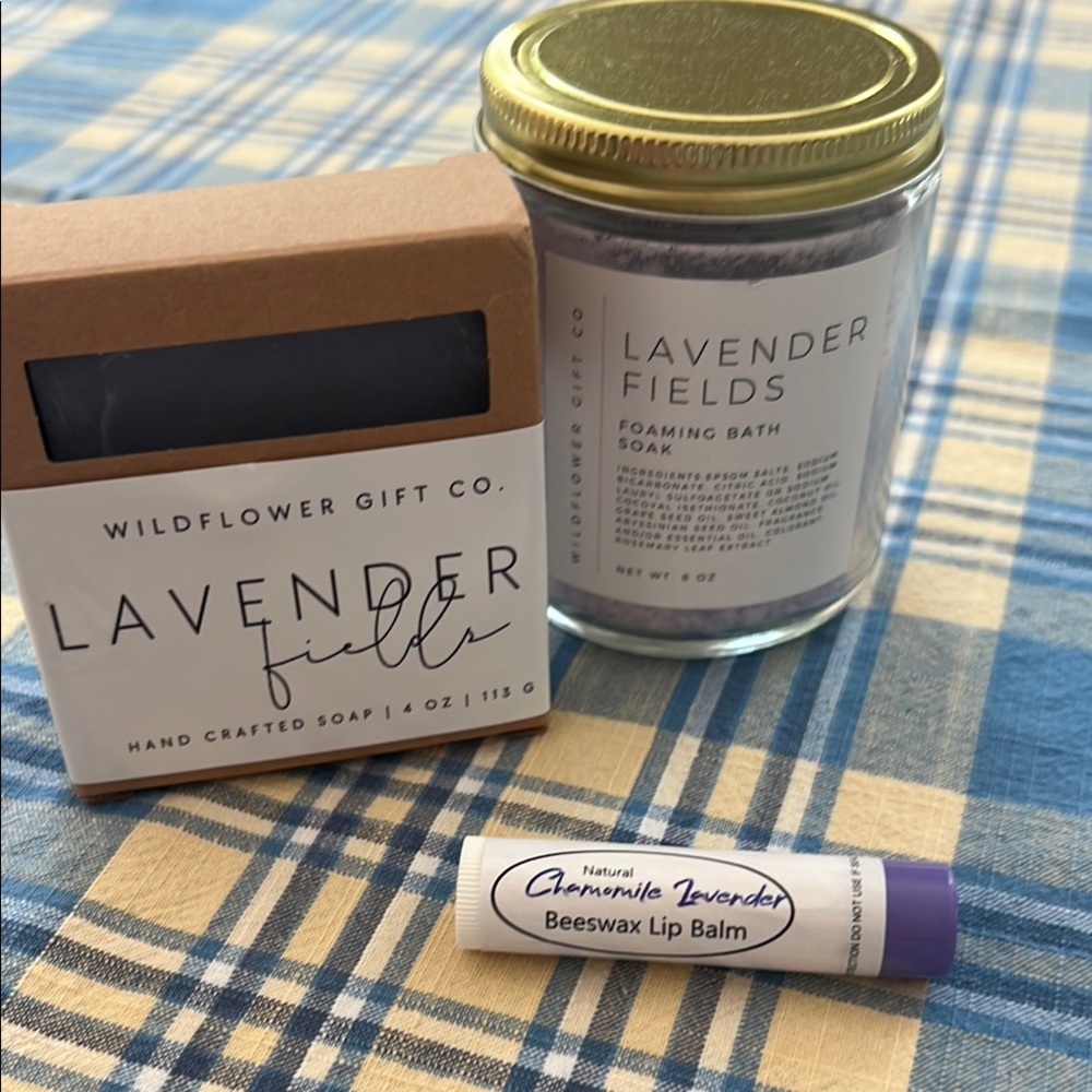 Lavender Fields Bath Collection - soap, foaming bath soak and lip balm